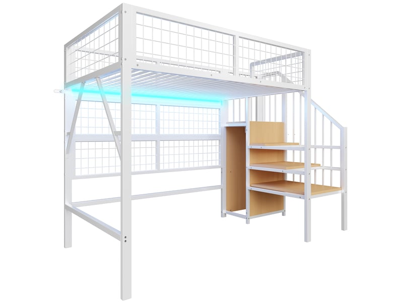 Lit mezzanine enfant 90x200 cm avec escalier et led, coloris blanc  - Conforama E
