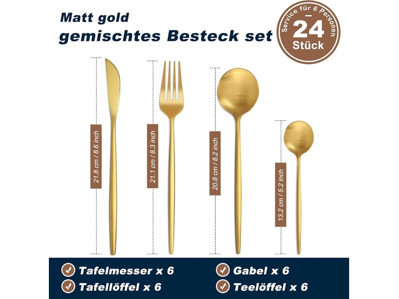  Set couverts de table 6 personnes dorés, ensemble de couverts inox 24 pièces, comprend des couteauxfourchettescuillères, fini mat et lavable au lave  - Conforama B