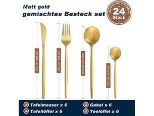 Set couverts de table 6 personnes dorés, ensemble de couverts inox 24 pièces, comprend des couteauxfourchettescuillères, fini mat et lavable au lave