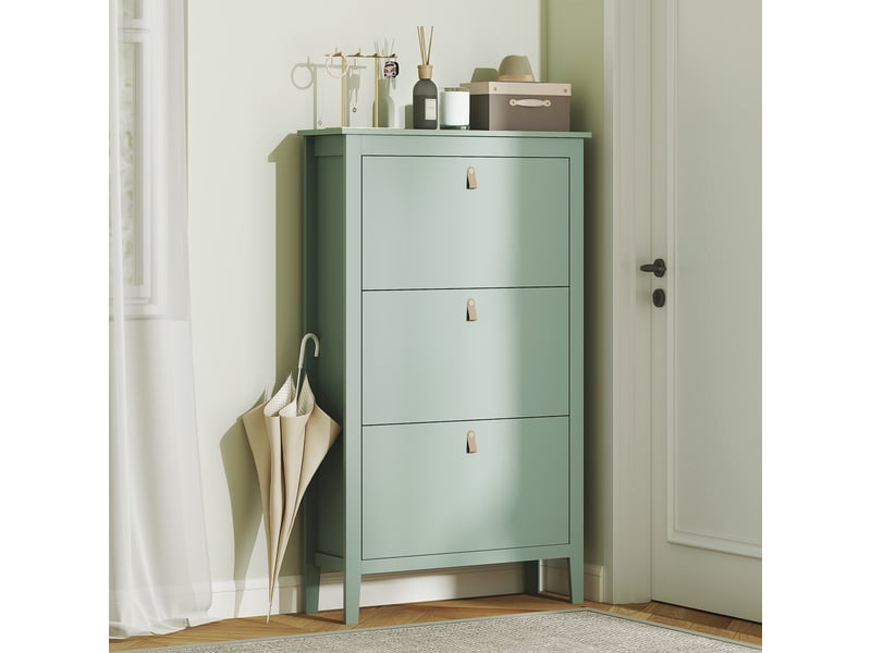 Meuble à chaussures 3 portes battantes poignées lanières boucles effet cuir vert  - Conforama D