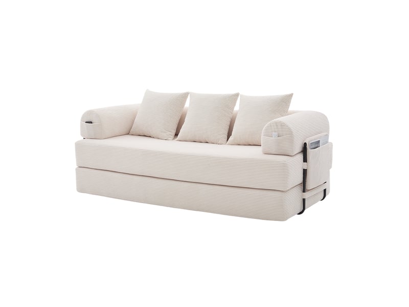 Canapé modulaire avec poche latérale et 3 coussins pour salon, structure métal, velours côtelé beige - Conforama A