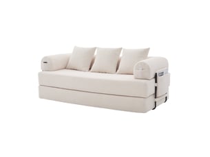 Canapé modulaire avec poche latérale et 3 coussins pour salon, structure métal, velours côtelé beige