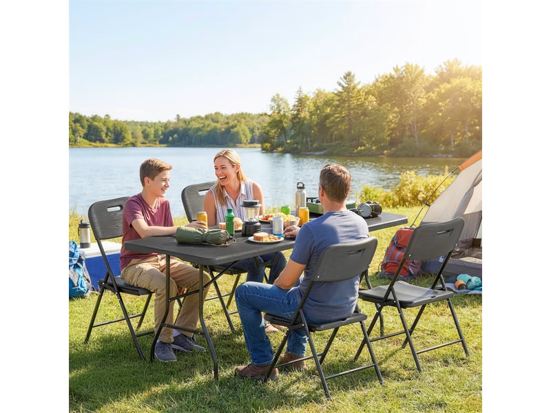  Ensemble table et chaises de camping 5 pièces avec table pliante et 4 chaises, en pehd et métal noir  - Conforama D