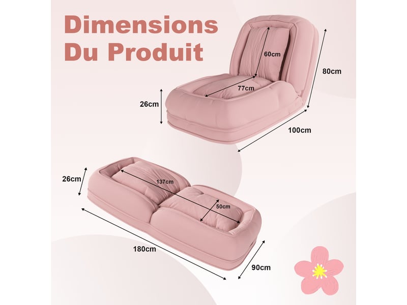 Canapé-lit pliable modenvie pour adultes et animaux de compagnie, 5 positions, 2 coussins, velours côtelé rose, 180 x 90 x 26 cm  - Conforama C