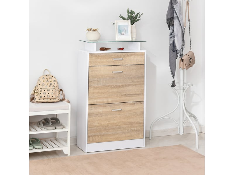  Armoire à chaussures meuble rangement chaussures 2 portes abattantes 2 compartiments, tiroir, plateau en verre - bois chêne blanc  - Conforama C