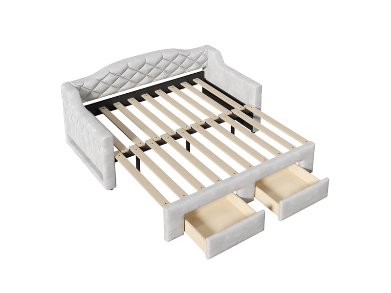  Canapé-lit extensible 90/180x200 cm, 2 tiroirs, led 7 couleurs, velours gris, sans matelas  - Conforama D
