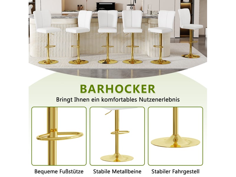  Lot de 2 tabourets de bar 95,5-117,5 cm réglables pivotants 360°, métal, polyuréthane, pour salon, cuisine, blanc et or  - Conforama E
