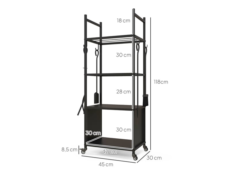 Porte-bûches à roulettes 4 niveaux, métal noir avec 4 outils, 45 x 30 x 118 cm - Conforama E