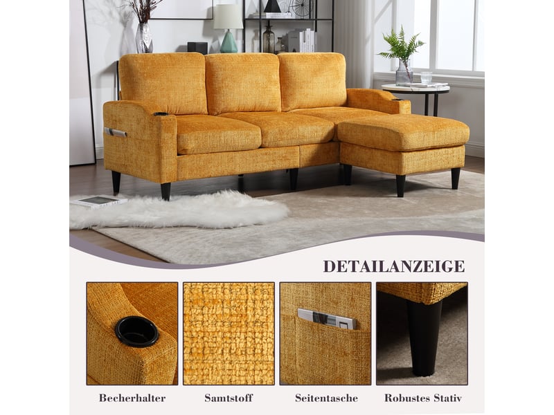  Canapé 4 places, canapé de salon – en velours, avec rangement, poches latérales, avec accoudoirs, porte-gobelets, avec pouf  - Conforama W