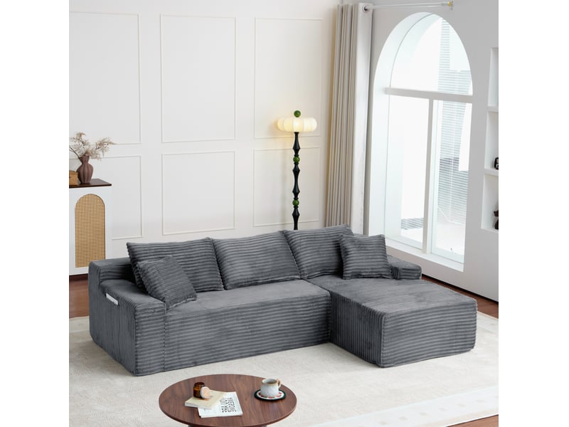  Canapé d’angle modulable 4 places en velours côtelé gris, 239x156x79 cm  - Conforama W
