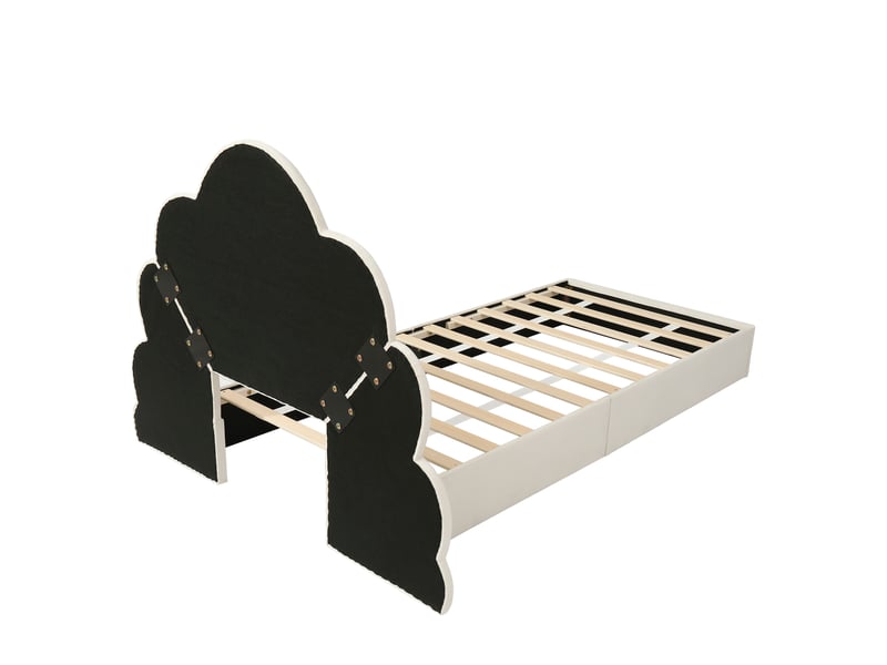  Lit enfant 90x200 cm, tête de lit à pétales courbés, sommier, velours beige, sans matelas  - Conforama R