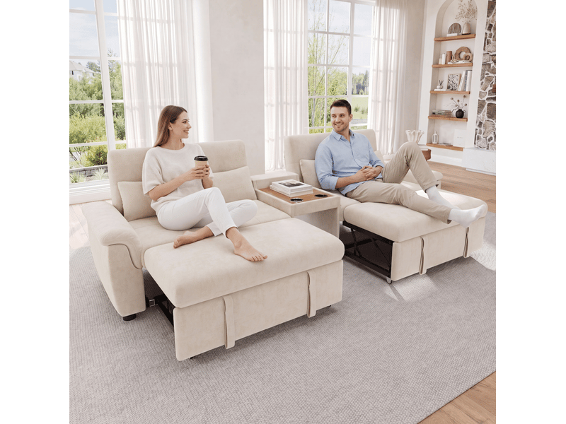  Canapé 4 places 284x138x89 cm extensible avec table centrale beige  - Conforama E