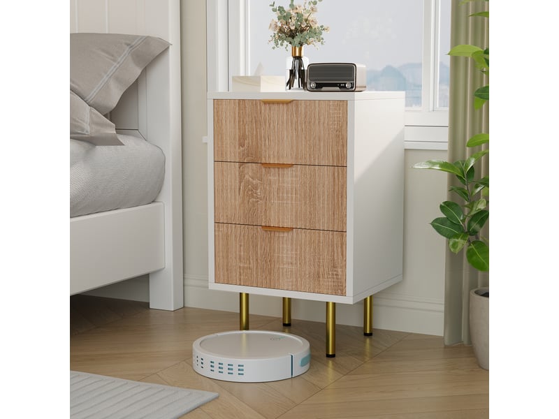  Lot de 2 tables de chevet 3 tiroirs, corps blanc façades aspect bois cannelé, poignées et pieds métalliques dorés, meuble de rangement pour chambre  - Conforama B