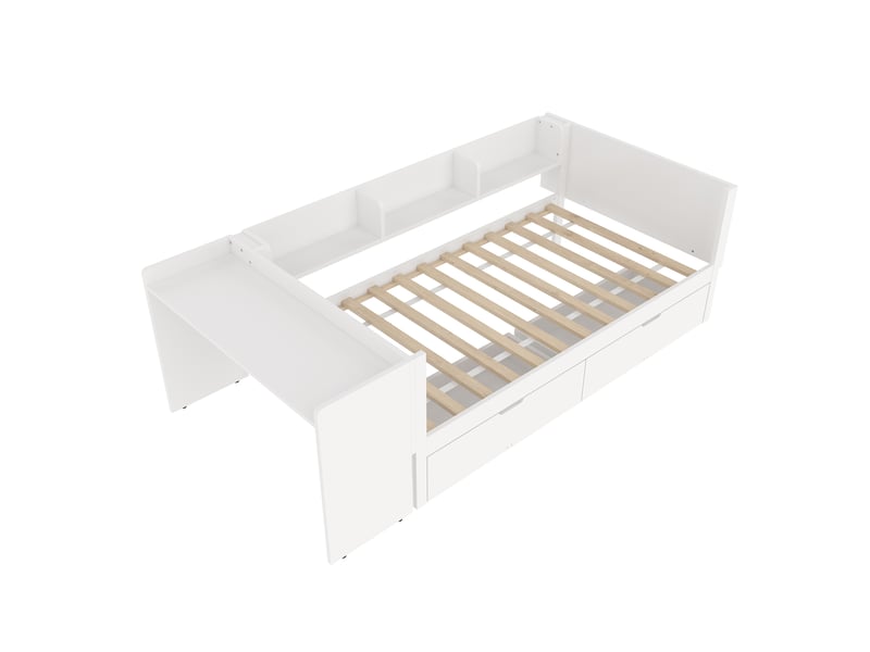  Lit simple blanc 90x200 cm avec bureau intégré, étagères et 2 tiroirs - sans matelas  - Conforama A