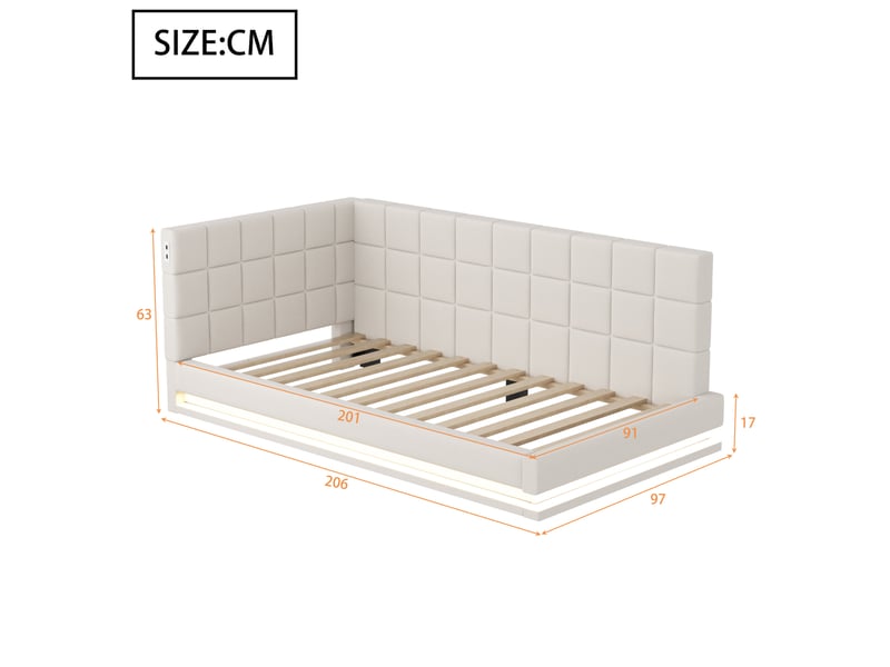 Lit capitonné et canapé-lit 90x200 cm en lin beige avec led, usb et sommier, sans matelas - Conforama B