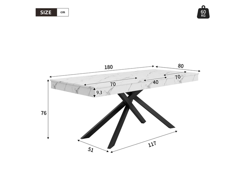 Table à manger extensible 140180 x 80 cm pour 6 à 8 personnes, forme rectangulaire, plateau épais et pieds en métal, style épuré pour salle à manger, cuisine ou salon OPULERANE TRADING LTD - Conforama C