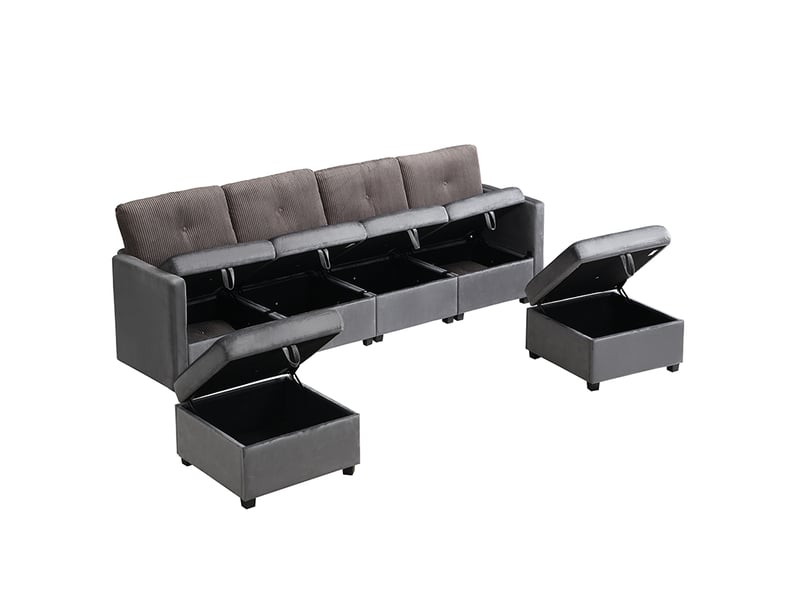  Canapé modulable 6 places 261x132,5cm, 6 modules combinables en u ou l, coffre de rangement intégré, convertible en couchage d'appoint, velours, gris antique OMNIGLINT TRADING LTD - Conforama A