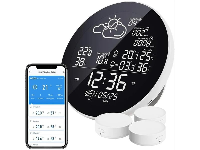  Station météo wlan sans fil avec 3 capteurs extérieurs thermomètre hygromètre station météo sans fil compatible avec smart life app, google weather sy  - Conforama A