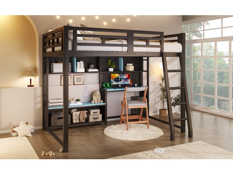 Lit mezzanine 140 x 200 cm, lit enfant surélevé, bureau intégré, étagères ouvertes, éclairage led, 2 places, structure multifonction, métal, noir Morn Vibe - Conforama E