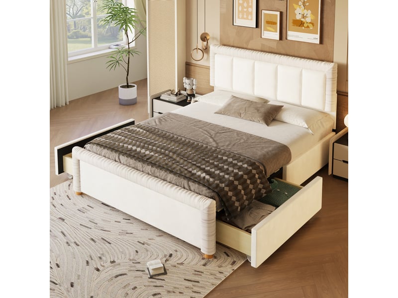  Lit adulte 140x200 cm en velours avec 2 tiroirs de rangement, tête et pied de lit rembourrés, pieds en bois - beige  - Conforama B