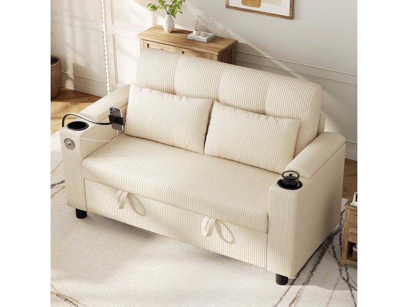  Canapé 2 places 136,5 x 79,5 x 83,6 cm – beige – velours côtelé avec rangements, usb et porte-gobelets  - Conforama E