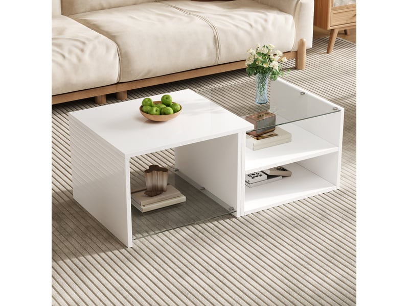 Table basse pour salon avec led, 3 étagères ouvertes et plateau en verre, en panneau de particules blanc 100 × 50 × 38 cm - Conforama C