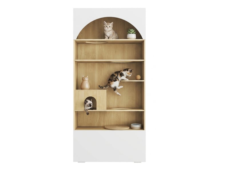 Armoire pour félins 90 x 50 x 202 cm blanche décor bois, panneau de particules, escalade et rangement - Conforama A