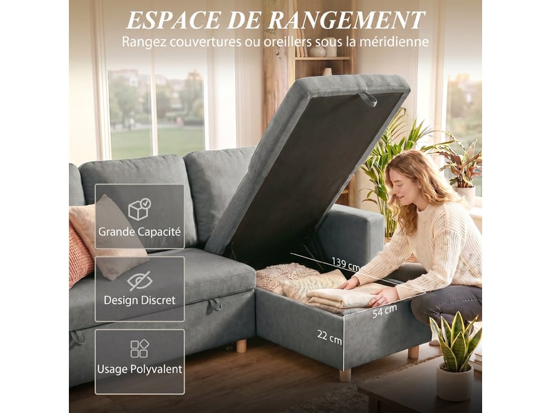  Canapé d'angle convertible canapé lit canapé 3 places modulable avec méridienne réversible, coffre de rangement intégré et 3 coussins de dossier, gris, tissu aspect lin  - Conforama R