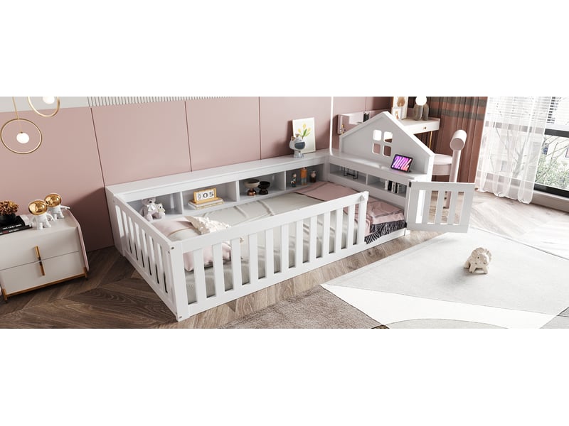  Lit enfant 90x200 cm avec sommier à lattes, lit simple en bois massif avec fenêtre, lit 1 personne, blanc  - Conforama W