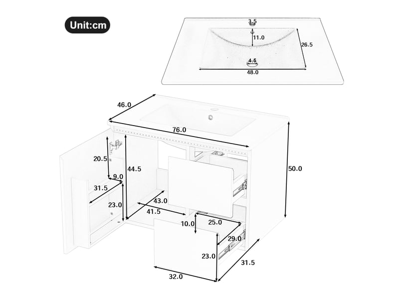 Meuble salle de bain suspendu 76x46x50 cm, meuble vasque avec lavabo céramique, 2 tiroirs, led, rangement, mdf blanc - Conforama C