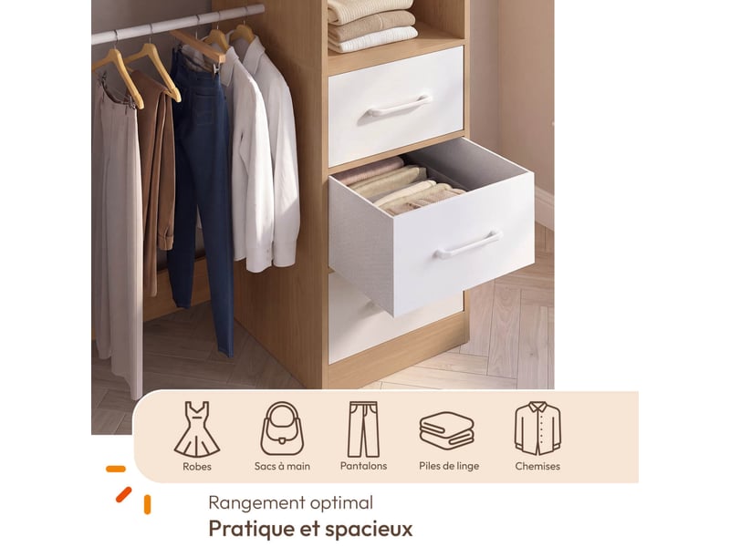  Dressing double penderie + double colonne l. 140 cm uppah avec 6 étagères et 6 bacs en tissu bois et blanc  - Conforama E