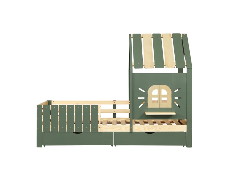  Lit cabane enfant 90x200 cm avec toit et fenêtre - 2 tiroirs - barrières de sécurité - pin et mdf - vert et naturel  - Conforama W