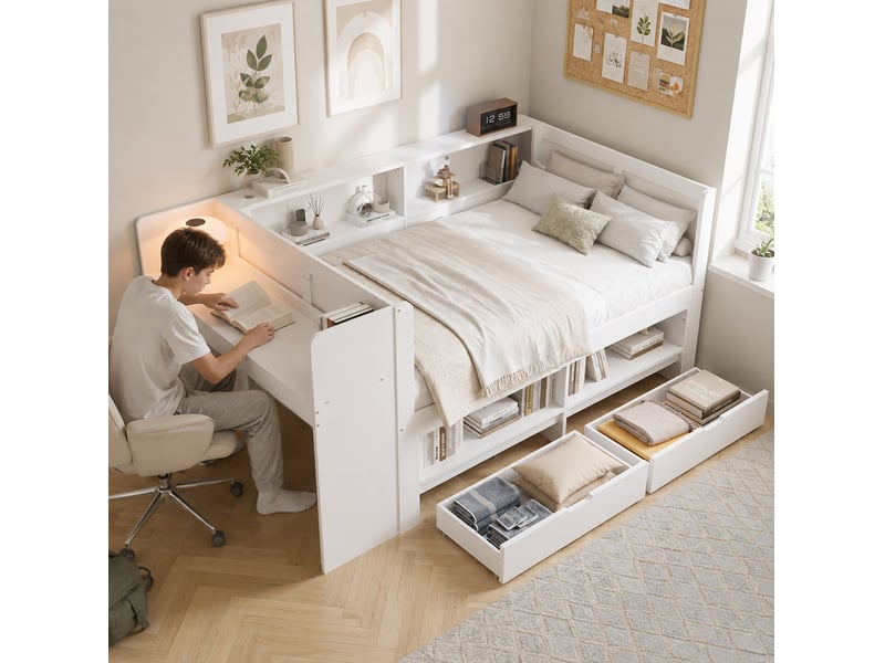 Lit combiné 120x200 cm avec bureau et rangements, blanc - Conforama B