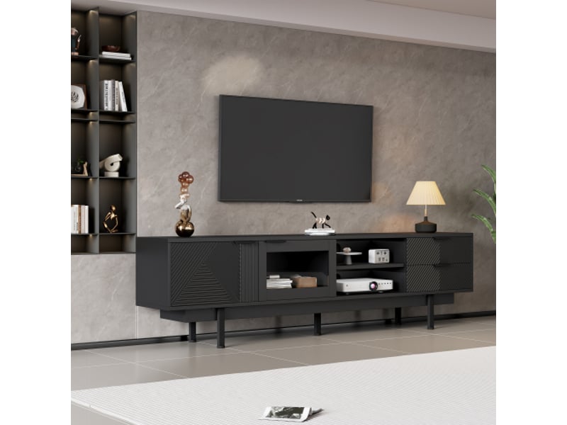  Meuble tv noir moderne 200x40x50,5 cm - 2 portes, 2 tiroirs - grand rangement, support écran jusqu'à 80 pouces - 45 kg  - Conforama B