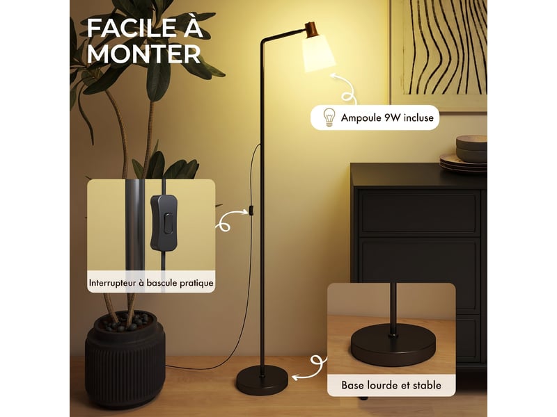  Lampadaire sur pied salon à tête rotative à 350°, noir, lampe sur pied moderne avec 3 températures de couleur  - Conforama R