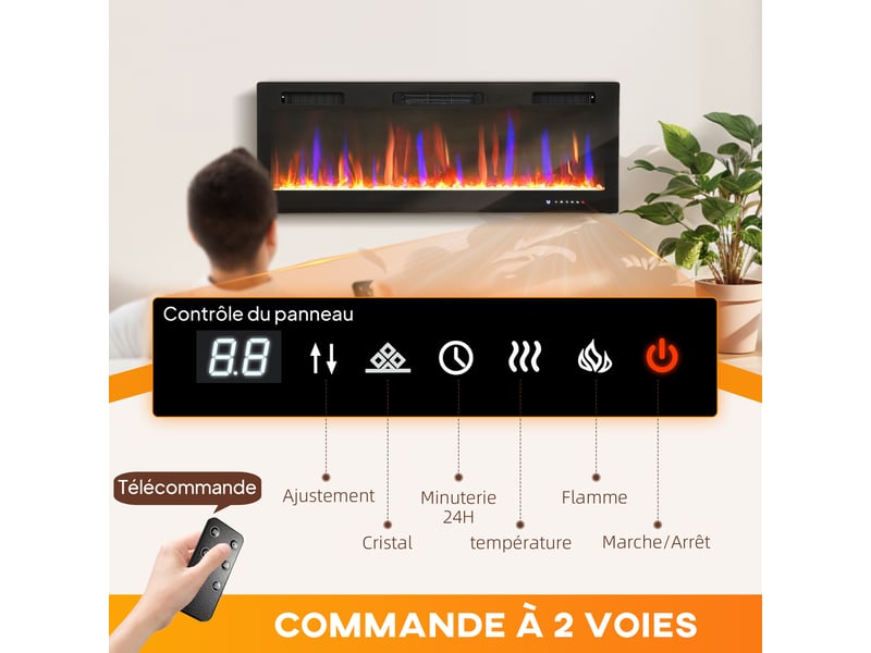  Cheminée électrique mural ou encastrable 900w1800w, effet flamme à 12 couleurs 5 luminosités, 127 x 9,4 x 47 cm, noir  - Conforama E