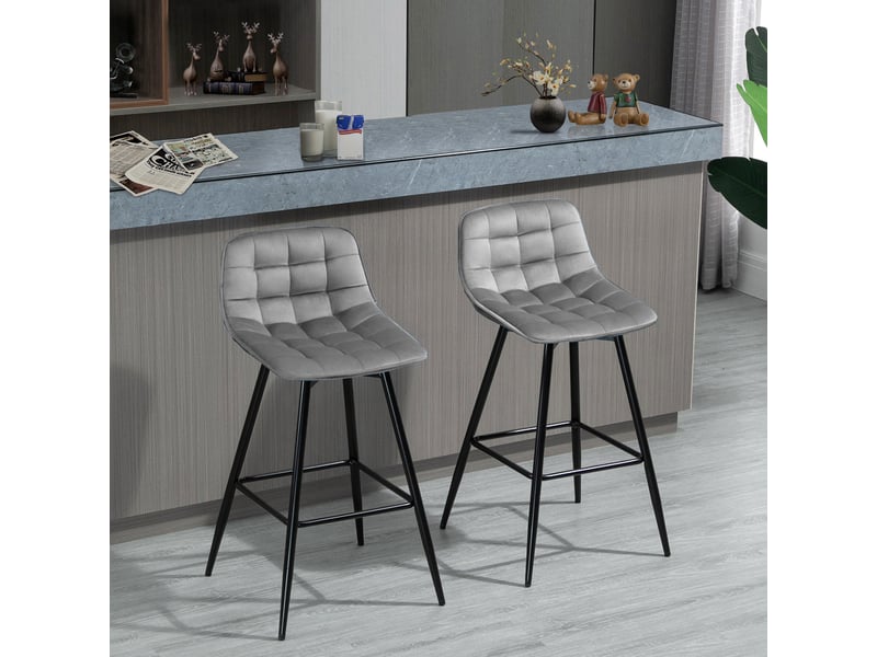  Ensemble de 2 tabourets hauts de style nordique avec dossier et repose-pieds, en tissu effet velours et métal, 45 x 47 x 88 cm, gris  - Conforama D