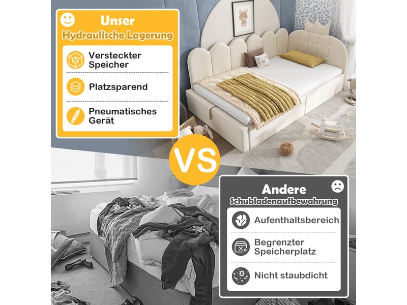 Lit enfant 90x190 cm - lit coffre avec rangement hydraulique - tête de lit rembourrée - design couronne - velours - beige - Conforama E