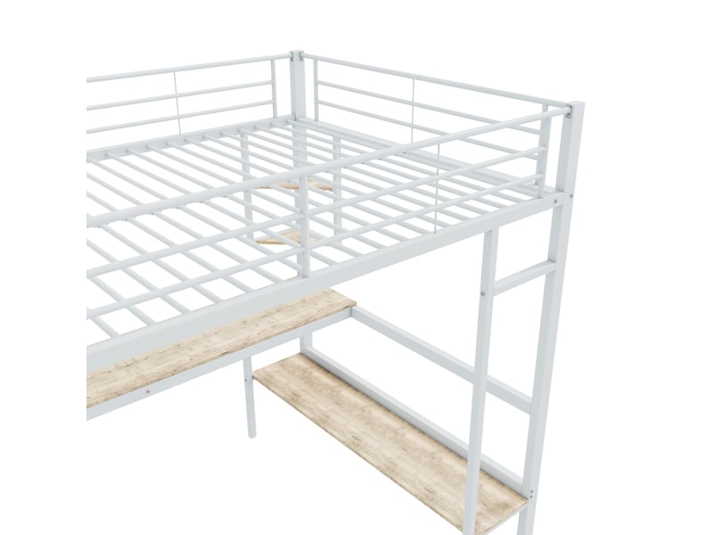  Lit mezzanine 140x200 cm bureau intégré grand rangement livres sécurité structure métal blanc sans matelas  - Conforama E