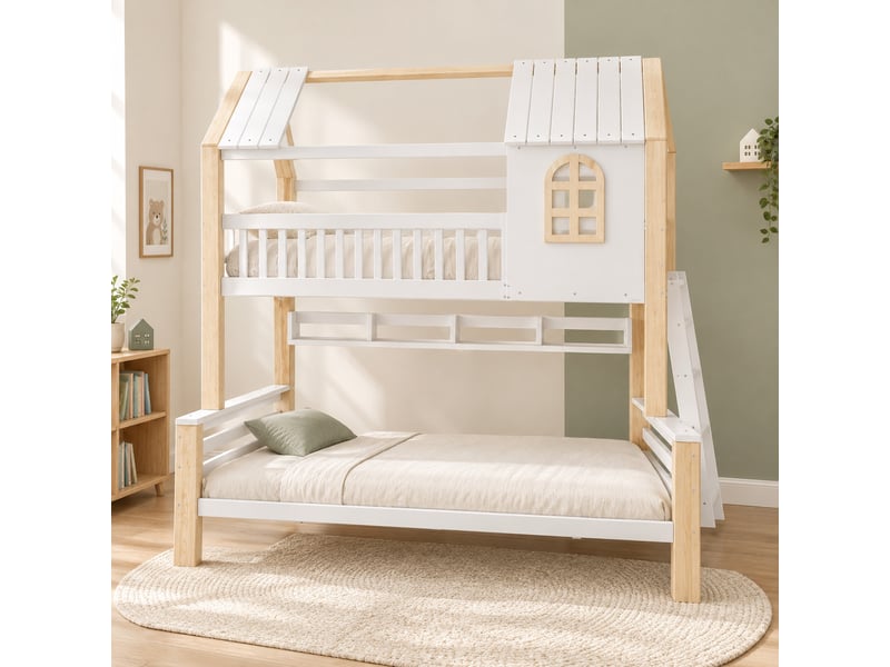  Lit superposé cabane 90x200 et 140x200 cm avec garde-corps, blanc et bois naturel  - Conforama D