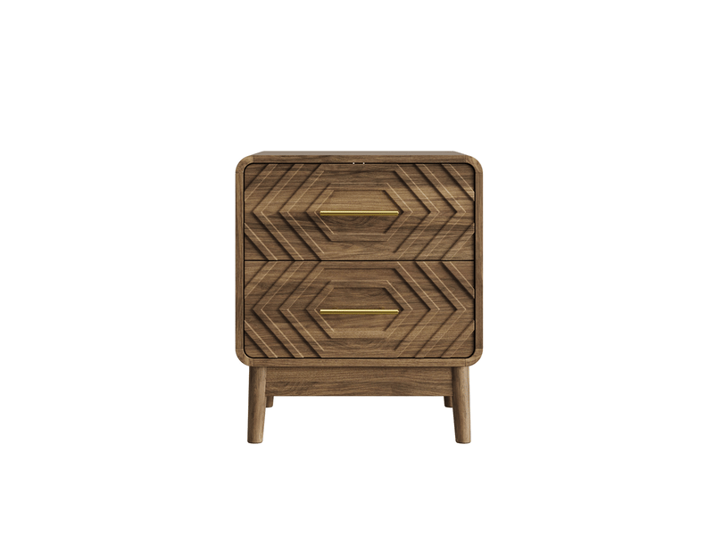 Table de chevet 48x38x56 cm – marron noyer – 2 tiroirs géométriques et poignées dorées style art déco - Conforama A