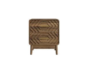 Table de chevet 48x38x56 cm – marron noyer – 2 tiroirs géométriques et poignées dorées style art déco