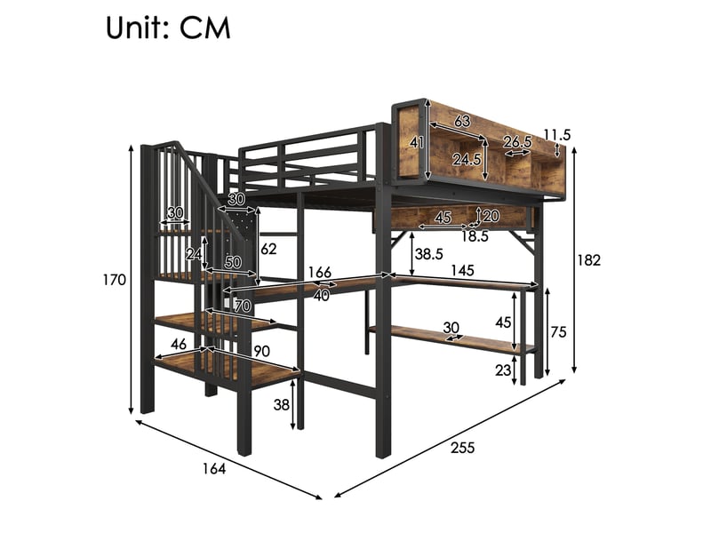  Lit mezzanine enfant 140x200 cm – marron vintage et noir – bureau d'angle, rangements, led et prises usb  - Conforama C