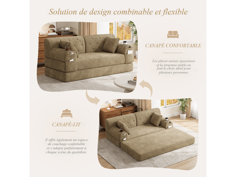  Canapé droit convertible 2 places en velours côtelé kaki 168 x 80 x 81 cm, dossier haut, porte-gobelets, salon 168x80x81cm - Conforama E