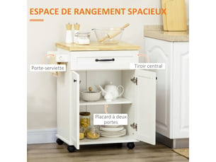 Desserte de cuisine à roulettes multi-rangements 1 tiroir 1 placard 1 blanc portes-torchons et plateau en bois