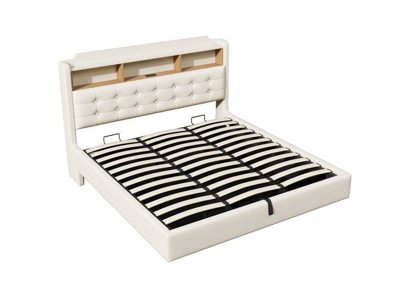Lit capitonné, 180 × 200 cm, avec bande lumineuse led, rangement hydraulique, compartiments de rangement, design suspendu, matelas non inclus, ports usb et type-c, revêtement en lin, beige - Conforama D
