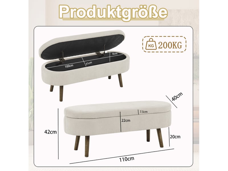  Banc de rangement 110x40x42 cm, coffre 20 l, pieds en bois, meuble chambre, meuble bureau et salon, velours doux, beige  - Conforama C