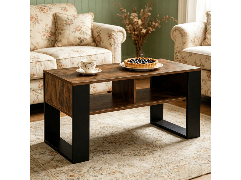  Table basse 2 niches de rangement - lpospi - bois mélaminé noir et marron rustique 90 × 45 × 45 cm  - Conforama C