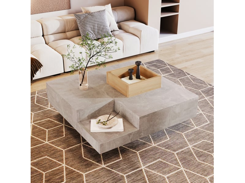  Table basse 72x72x30 cm boîte de rangement amovible panneau de particules gris béton et bois  - Conforama E