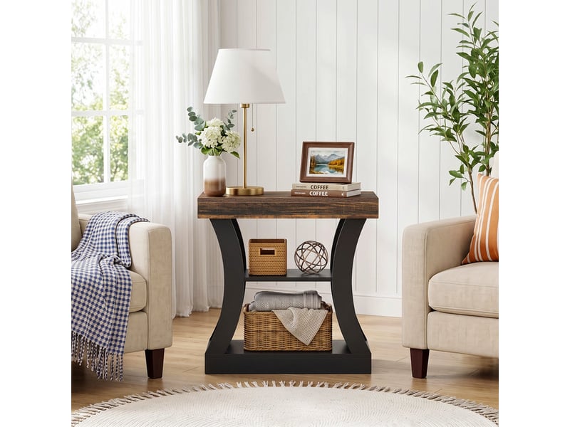  Bout de canapé de 80 cm pour salon, table d'appoint à 3 niveaux avec rangement, table de chevet moderne en bois pour chambre ou canapé, idéale pour les petits espaces, coloris marron rustique et noir  - Conforama E